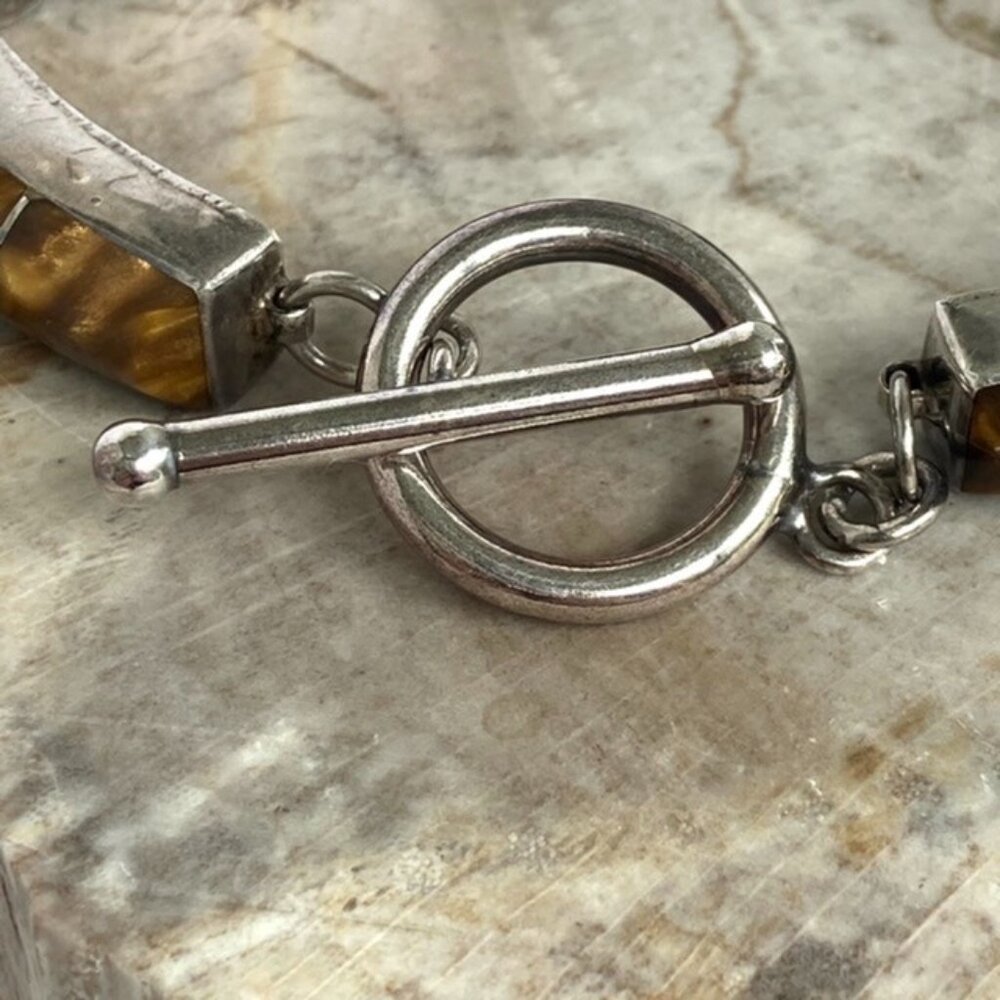 VTG Sterling Silver 925 Heavy Signed Southwest Tigers Eye Inlay Panel Bracelet - Picture 12 of 16